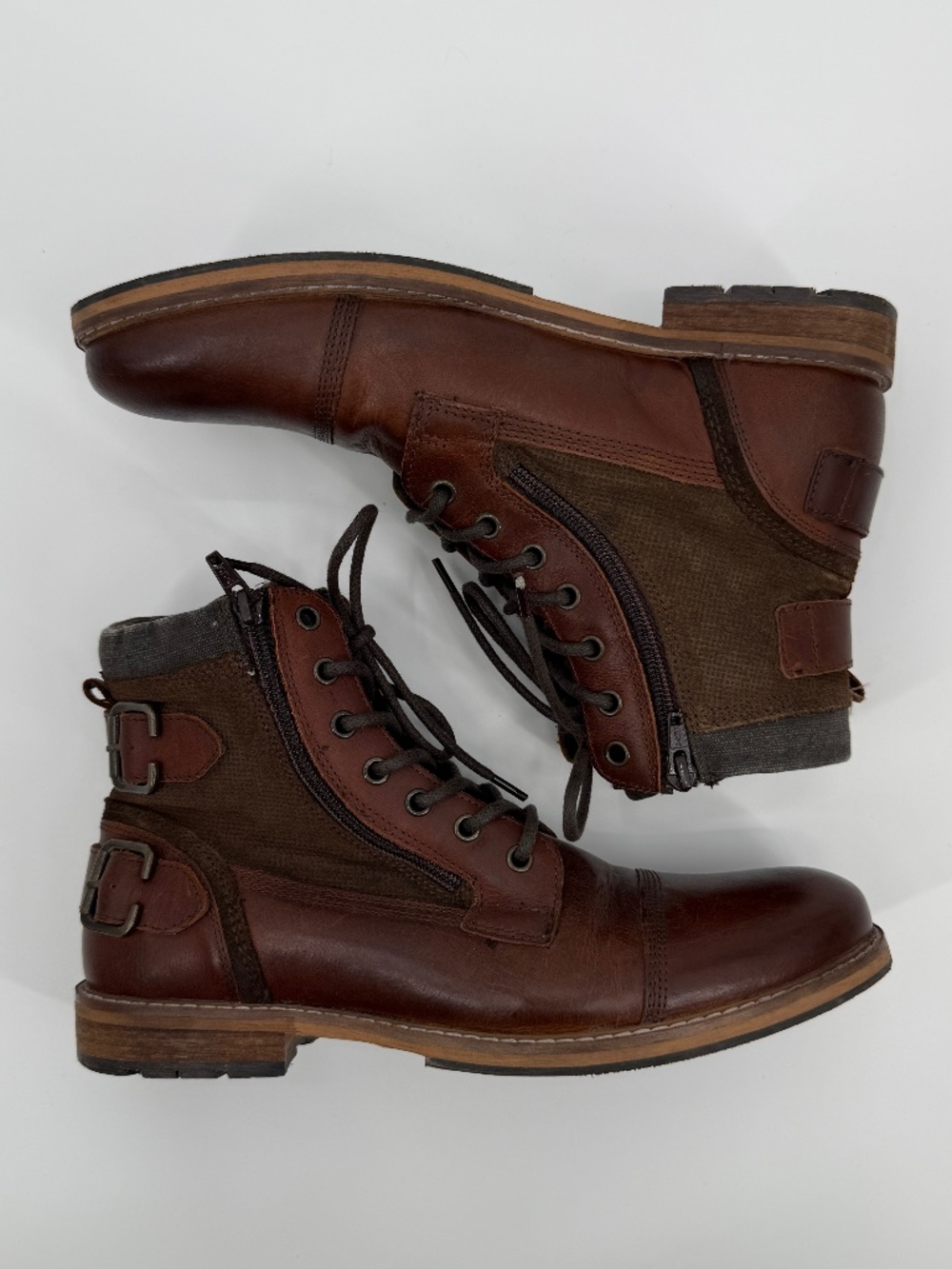 Franco Fortini Dalton Brown Leather Boots Cap Toe Side Zip Combat Lace Up Men 9